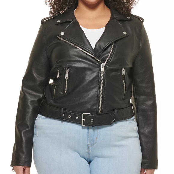 Plus Size Faux Leather Belted Motorcycle Jacket - Picture 1 of 2